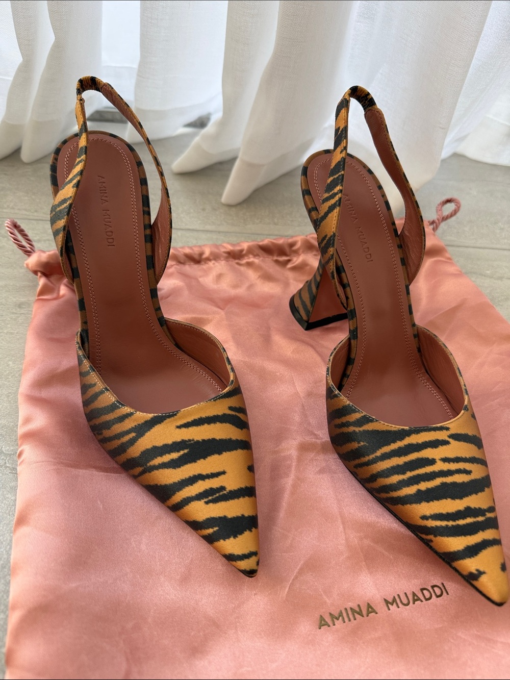 Amina Muaddi Tiger-Print Pointed Slingback Heels - Yellow/Black